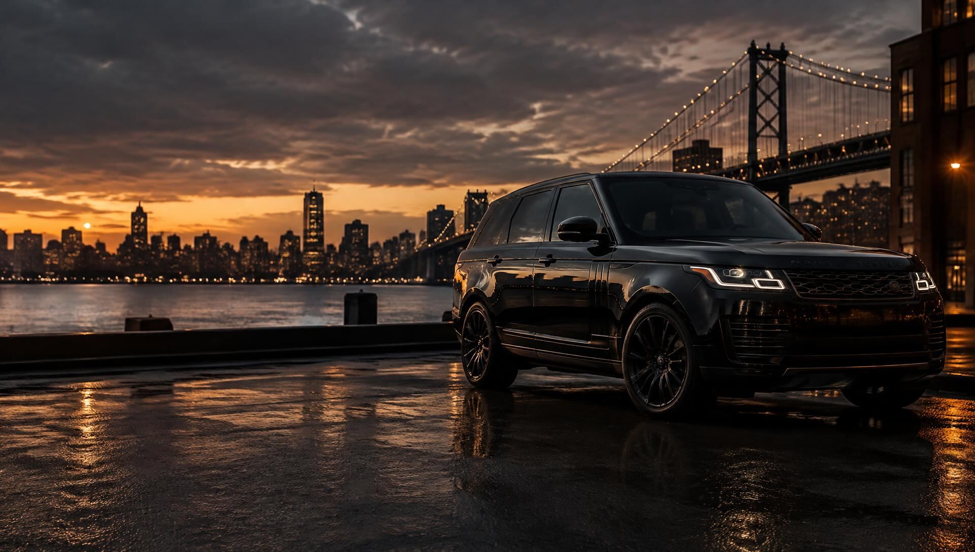 Black luxury SUV at dusk beside a city waterfront